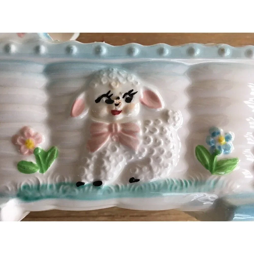 Vintage Rubens, L.A. Baby Nursery Planter Cradle Lambs Flowers 130X Japan 1966